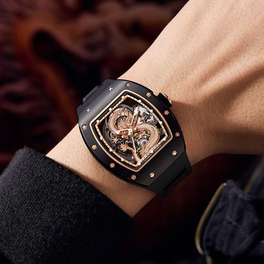 New Automatic Mechanical Skeleton Men Watch Luxury Stainless Steel Case Tonneau Dial Wristwatch Waterproof Sport Watches 9190-15-2